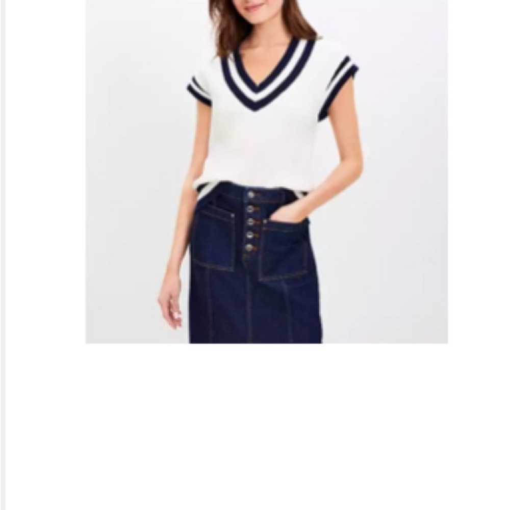 LOFT White and Blue Ribbed V-Neck Sweater